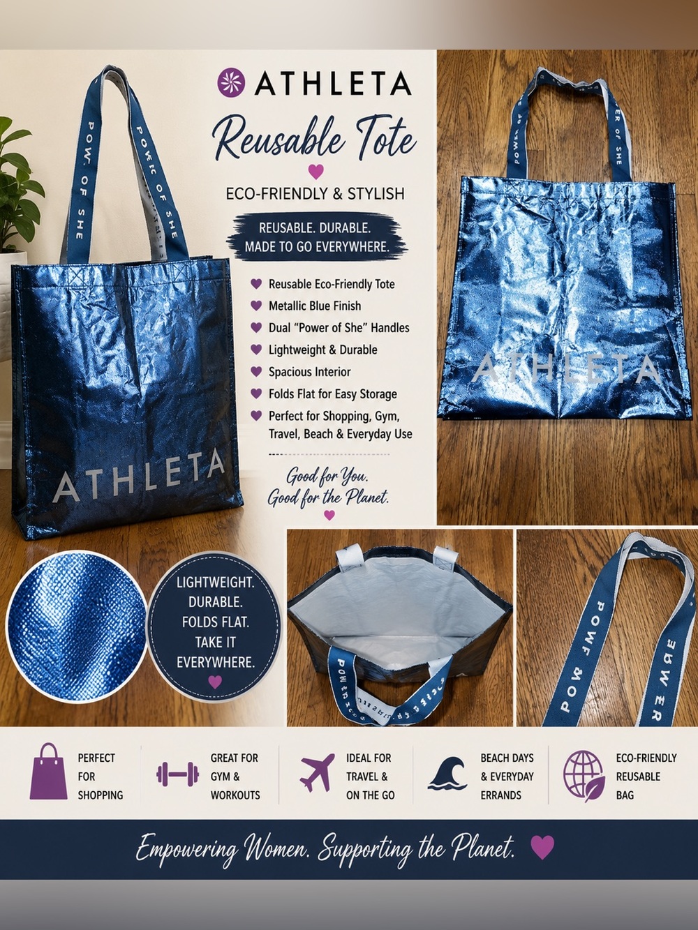 Athleta Reusable Metallic Blue Shopping Tote Bag | Eco-Friendly